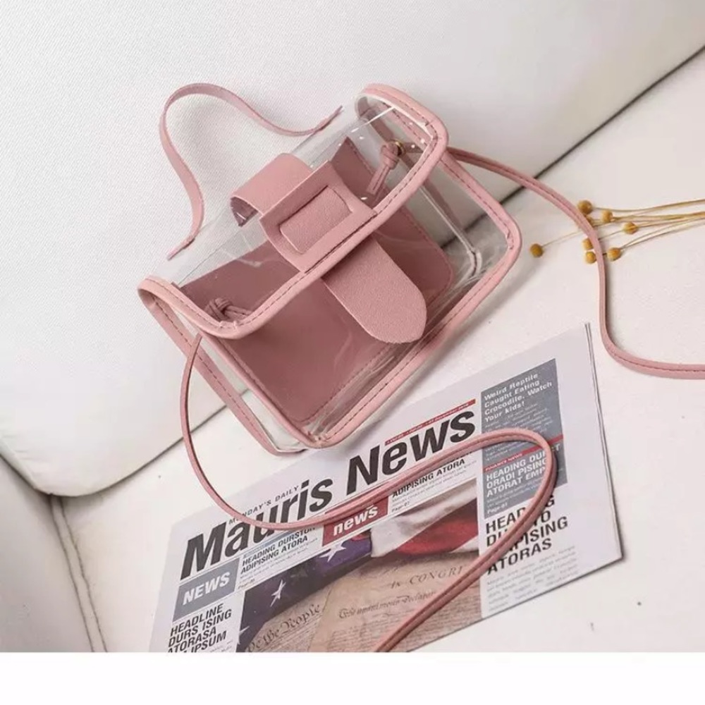 CLEAR CROSSBODY BAG WITH PINK TRIM & A TOP HANDLE - Picture 3 of 11